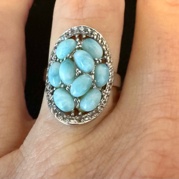 Oval larimar and round white topaz sterling silver ring. Size 7. - Picture 3 of 3